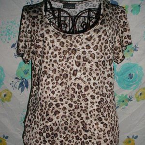 BRITTANY BLACK Gold Lame Leopard Designs Blouse M